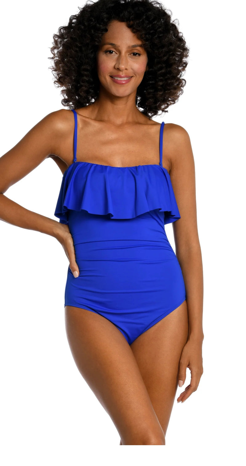 La Blanca Bandeau Ruffle One Piece in Sapphire