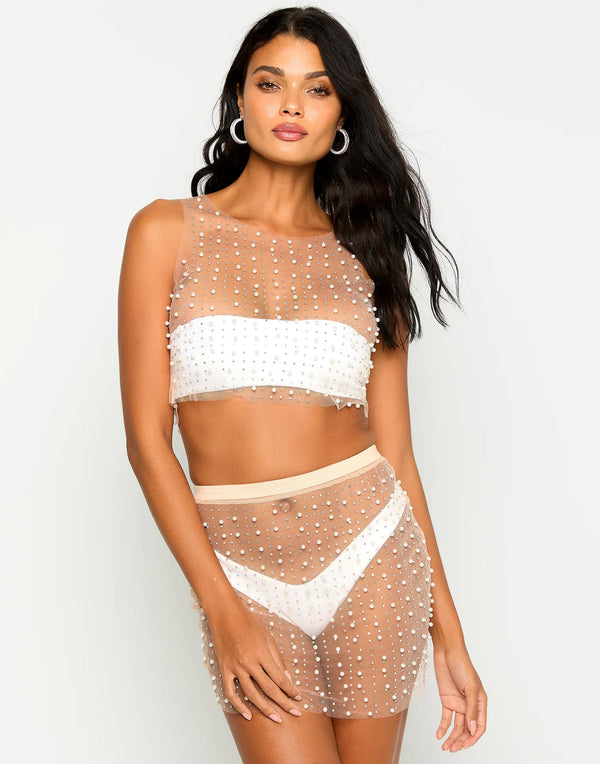 Beach Bunny Glitzy Girl Mesh Pearl Top & Skirt In Nude