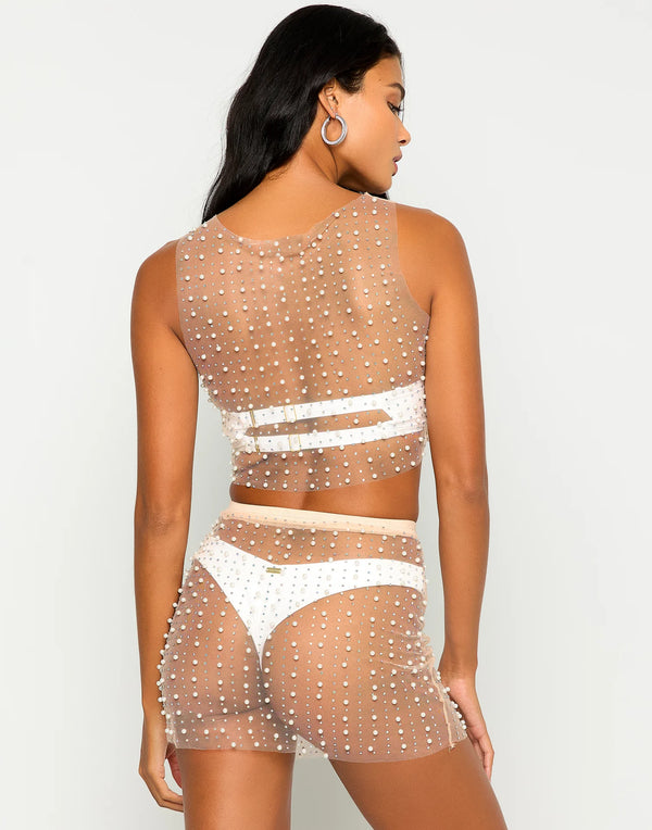 Beach Bunny Glitzy Girl Mesh Pearl Top & Skirt In Nude