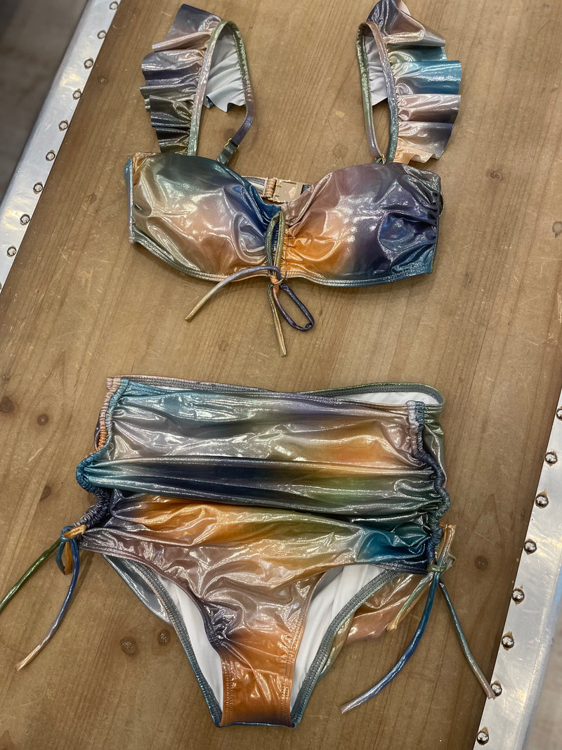 Tatiane De Freitas Bandeau Fronce Bikini Set with High Waisted Bottoms in Blue