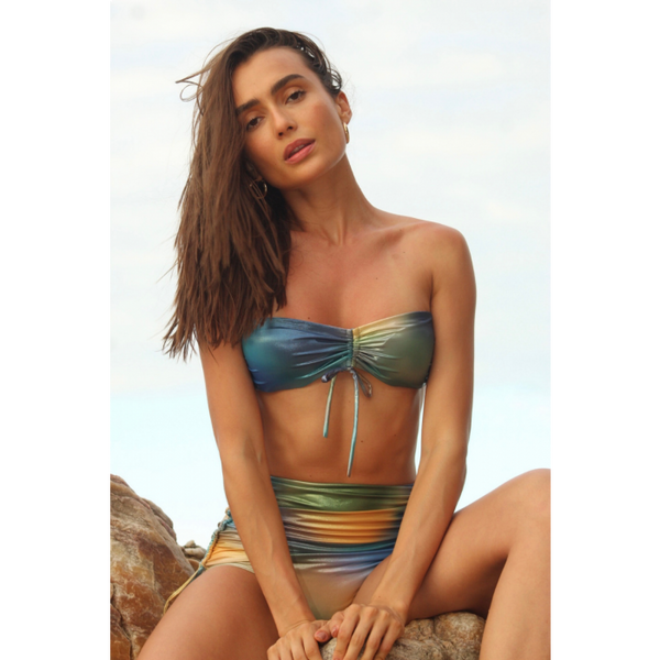 Tatiane De Freitas Bandeau Fronce Bikini Set with High Waisted Bottoms in Blue