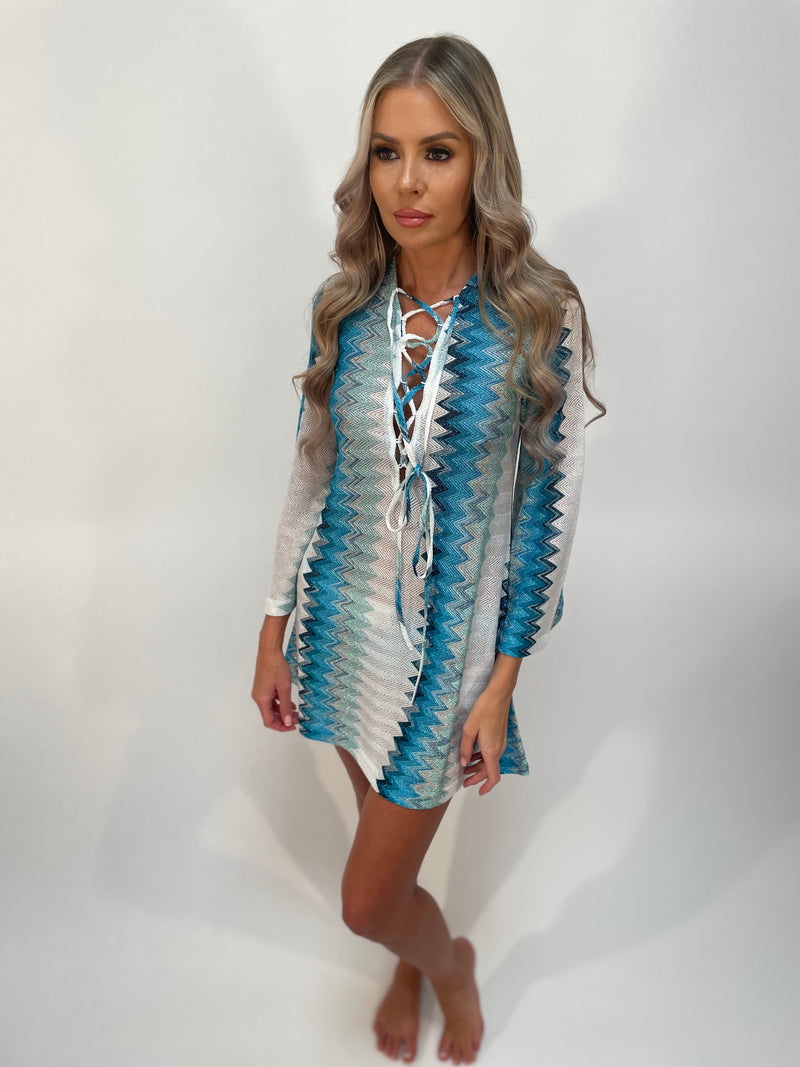 Missoni Blue Chevron Woven Metallic Weave Kaftan Minidress
