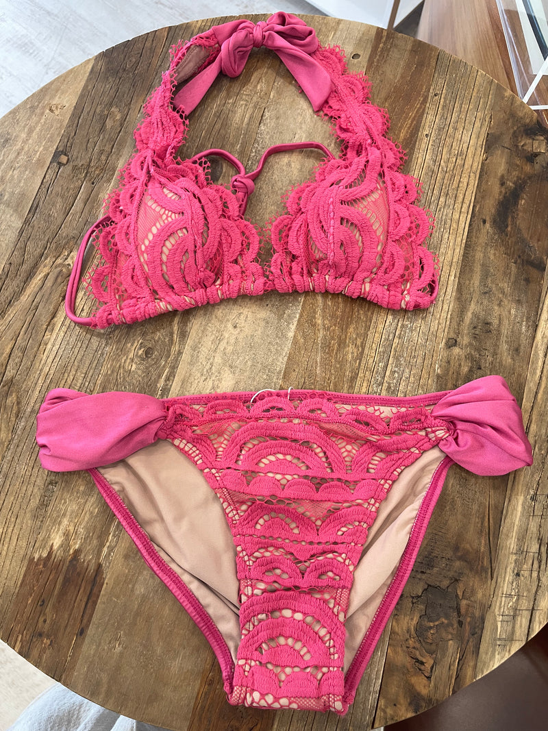 PQ Swim Pink Lady Lace Halter Top Full Fanned Bottom Bikini Set