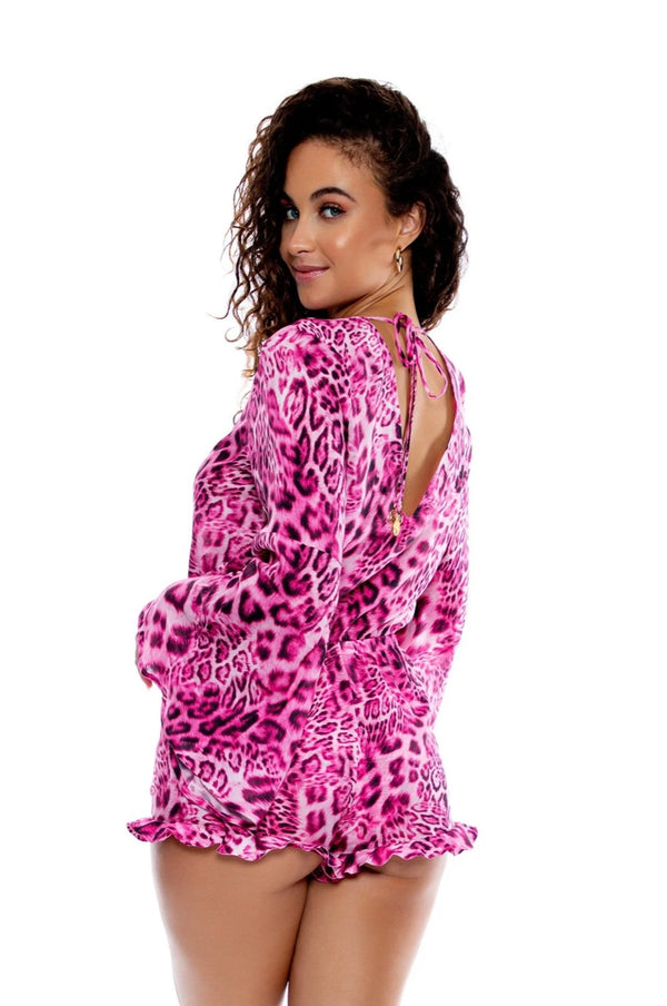 Luli Fama Wild Thing Bell Sleeve Romper in Neon Pink