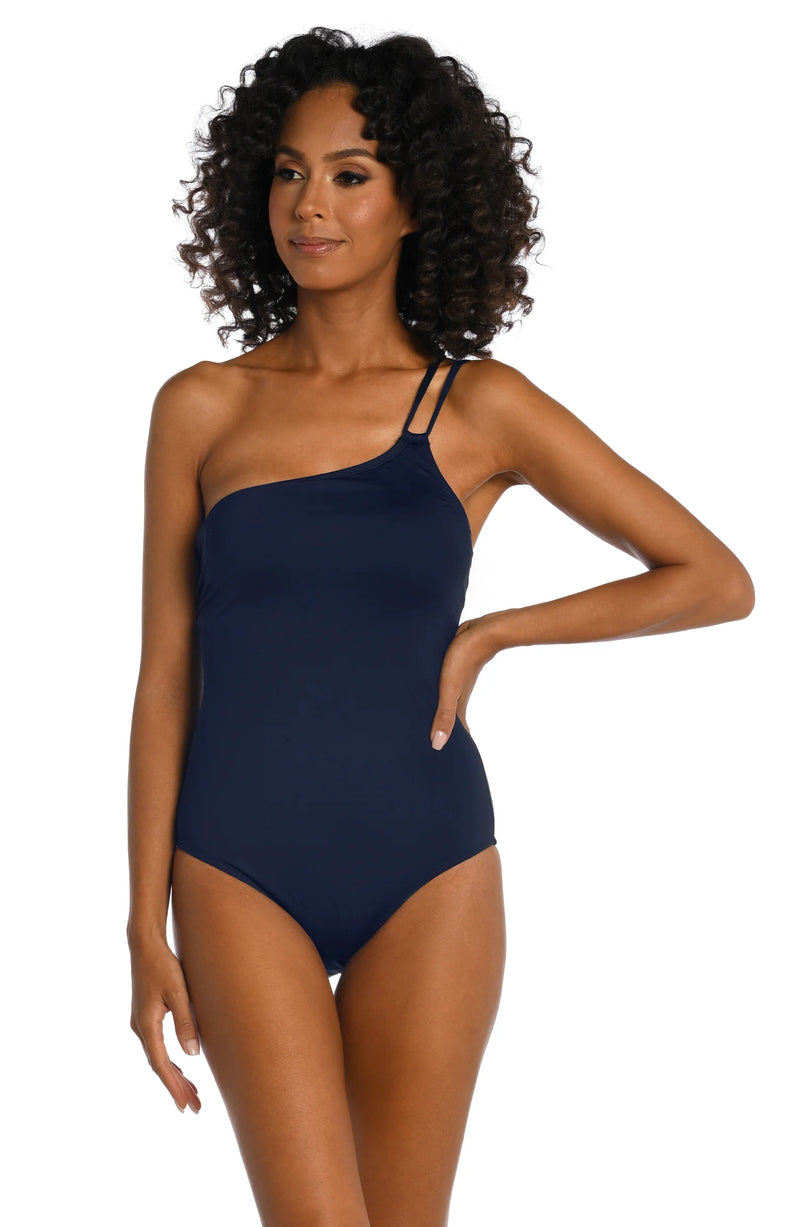 La Blanca Island Goddess Lace Back One Shoulder One Piece In Indigo