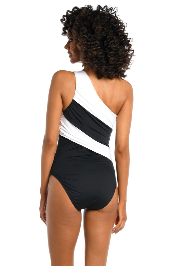 La Blanca Island Goddess Shirred One Shoulder One Piece Black